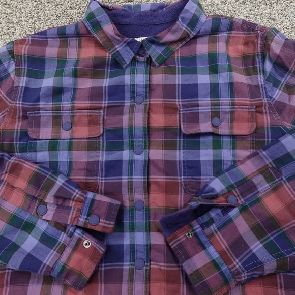 LL Bean Jacket Womens XL Blue Red Fleece Lined Flannel Shirt Snap Shacket Coat - Picture 2 of 10